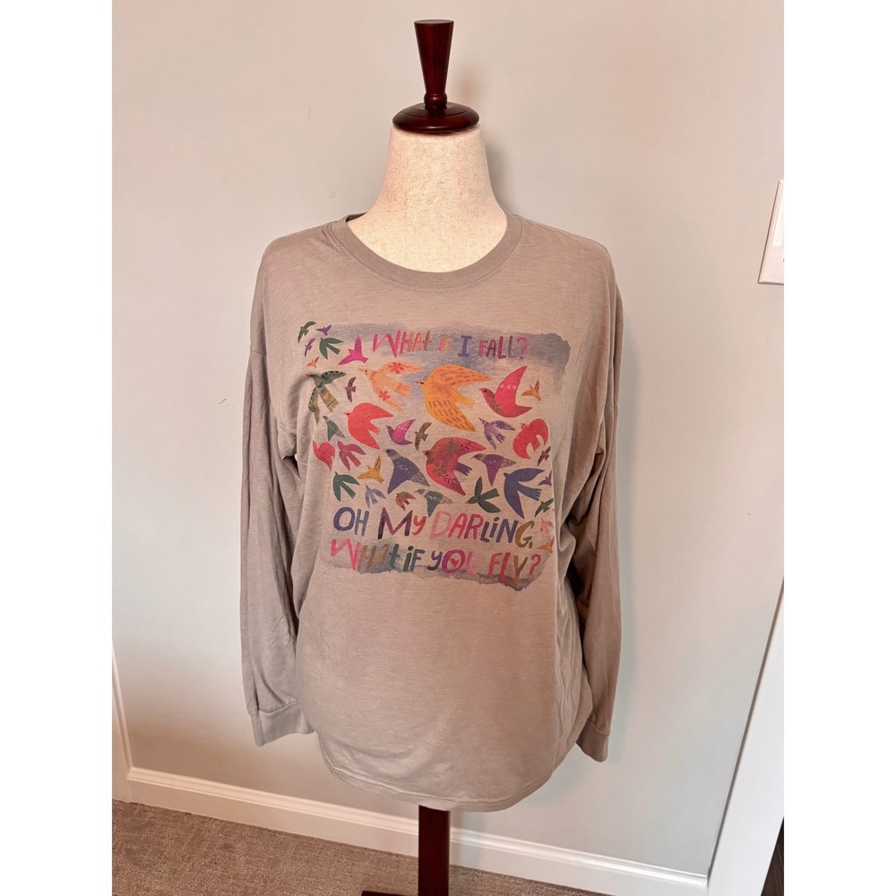 NATURAL LIFE | Graphic Tee Women L Taupe Fearless Quote Birds Long Sleeve Shirt
